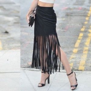 Faux suede fringed skirt
